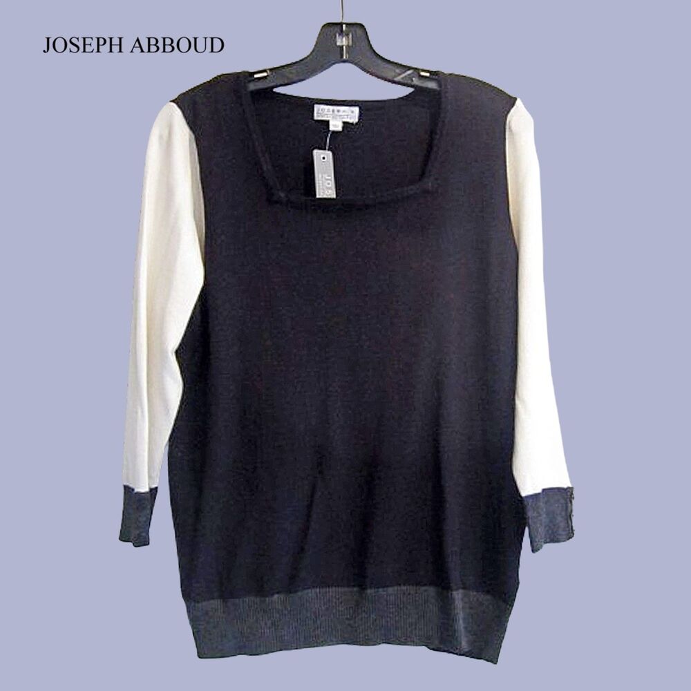 JOSEPH ABBOUD NEW Minimalist Colorblock Square Neck 3/4-Sleeve Sweater L